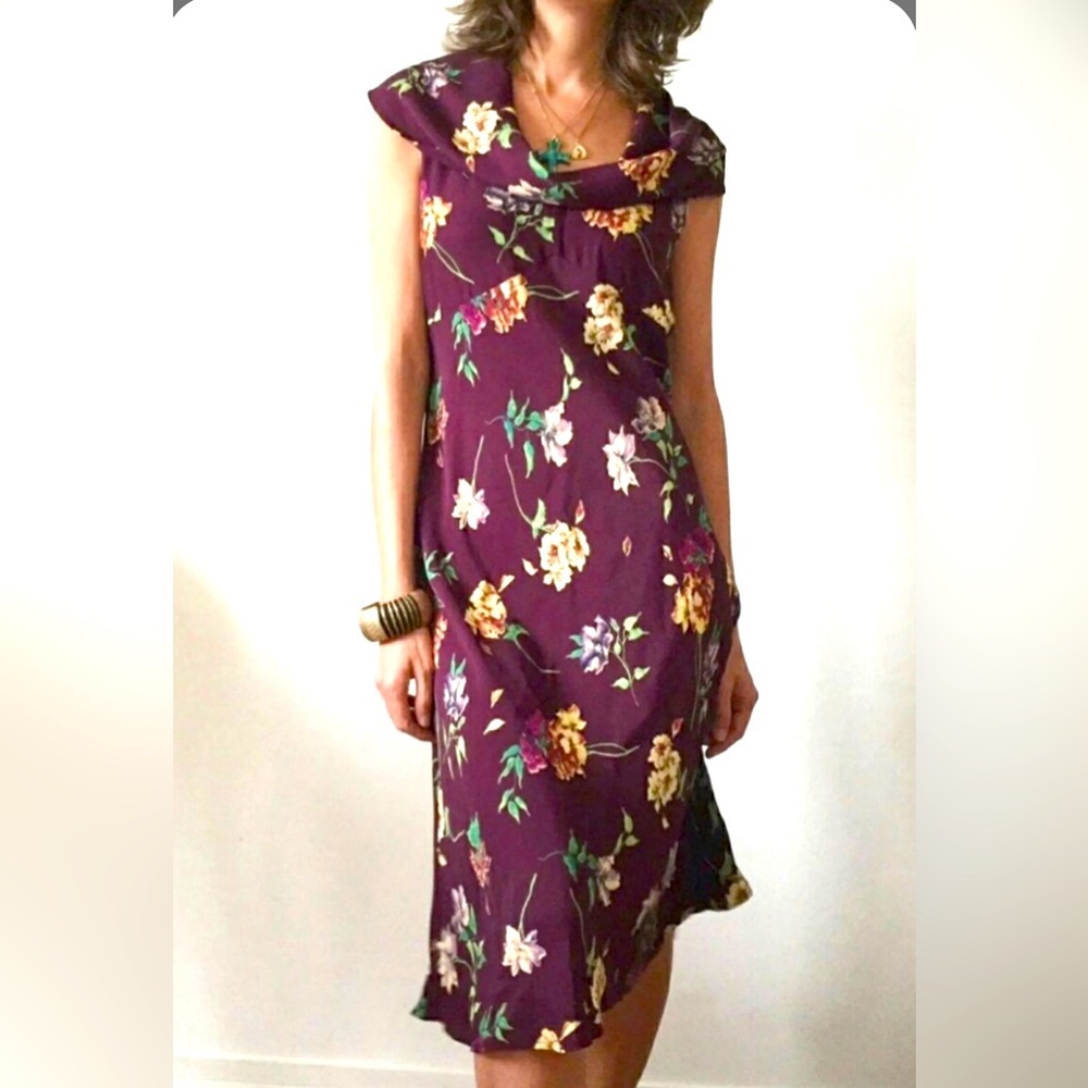 Vintage Alain Manoukian dress sleeveless Purple floral benitier collar size XS